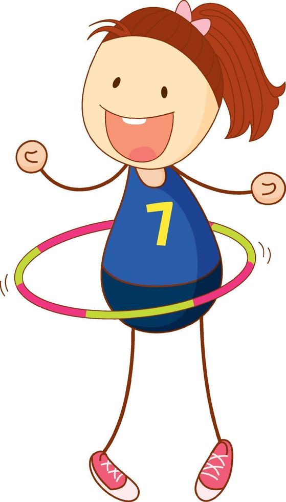 Cute girl playing hula hoop cartoon in hand drawn doodle style vector