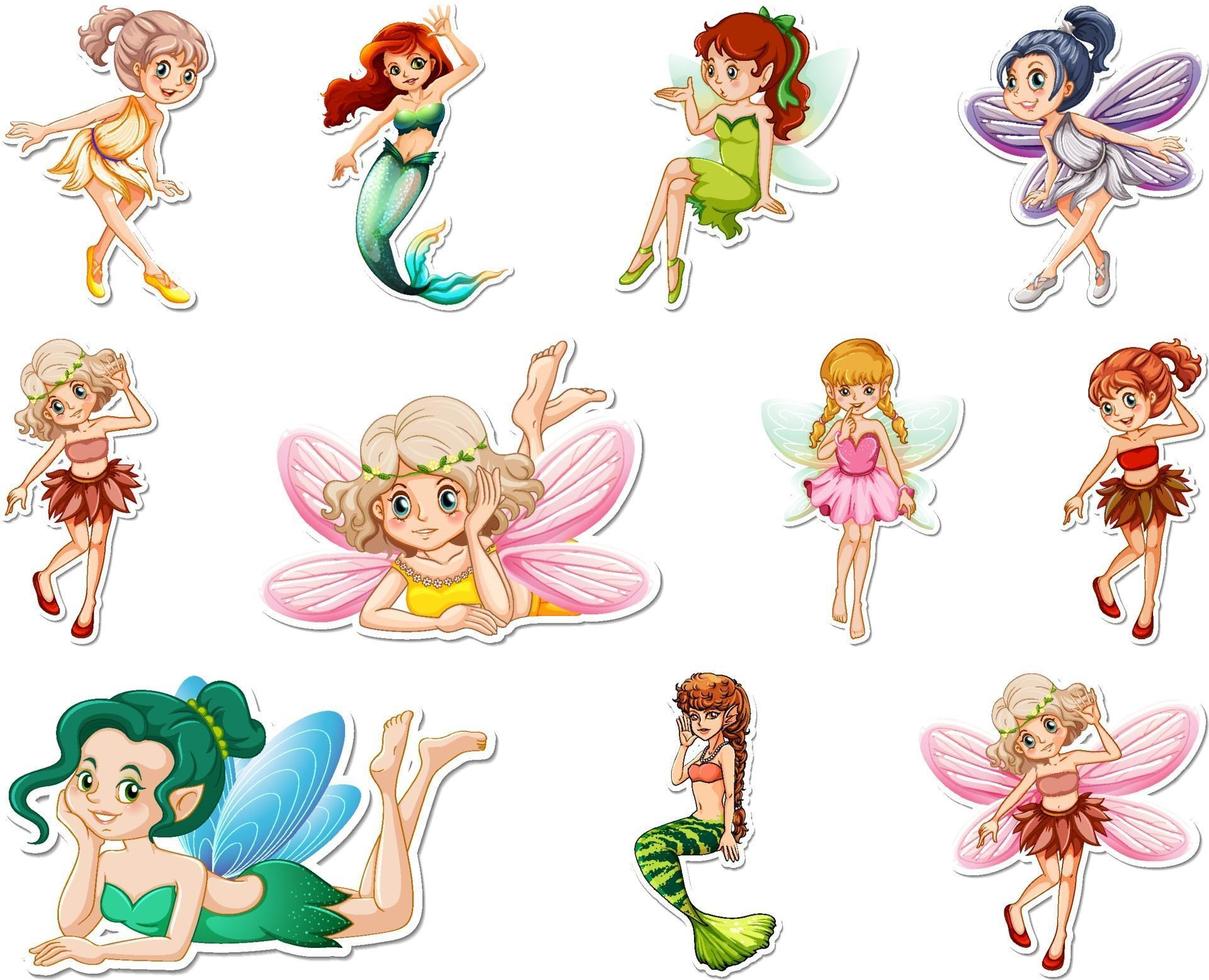 Set of stickers with beautiful fairies and mermaid cartoon character vector