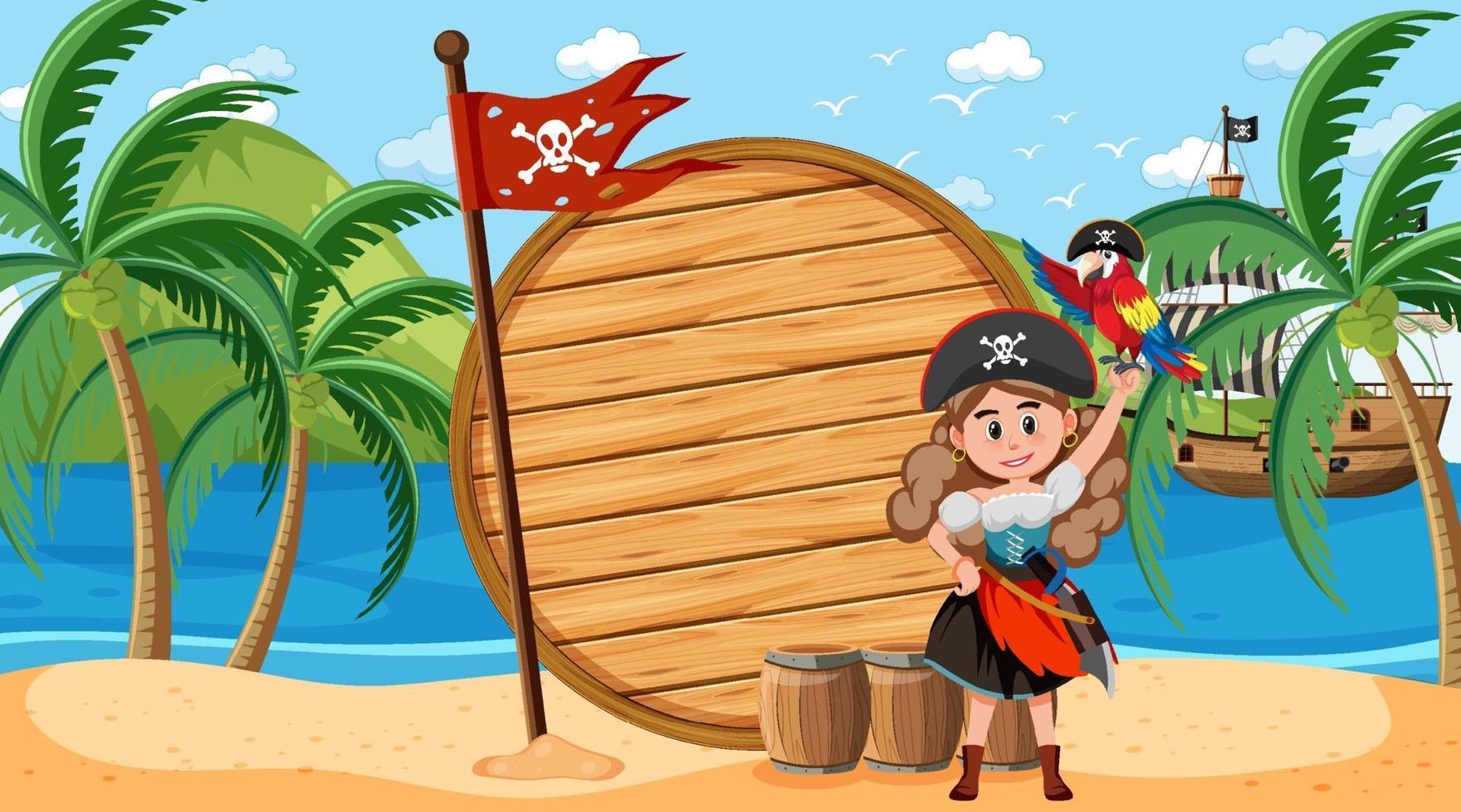 Pirate woman at the beach daytime scene with an empty banner template vector