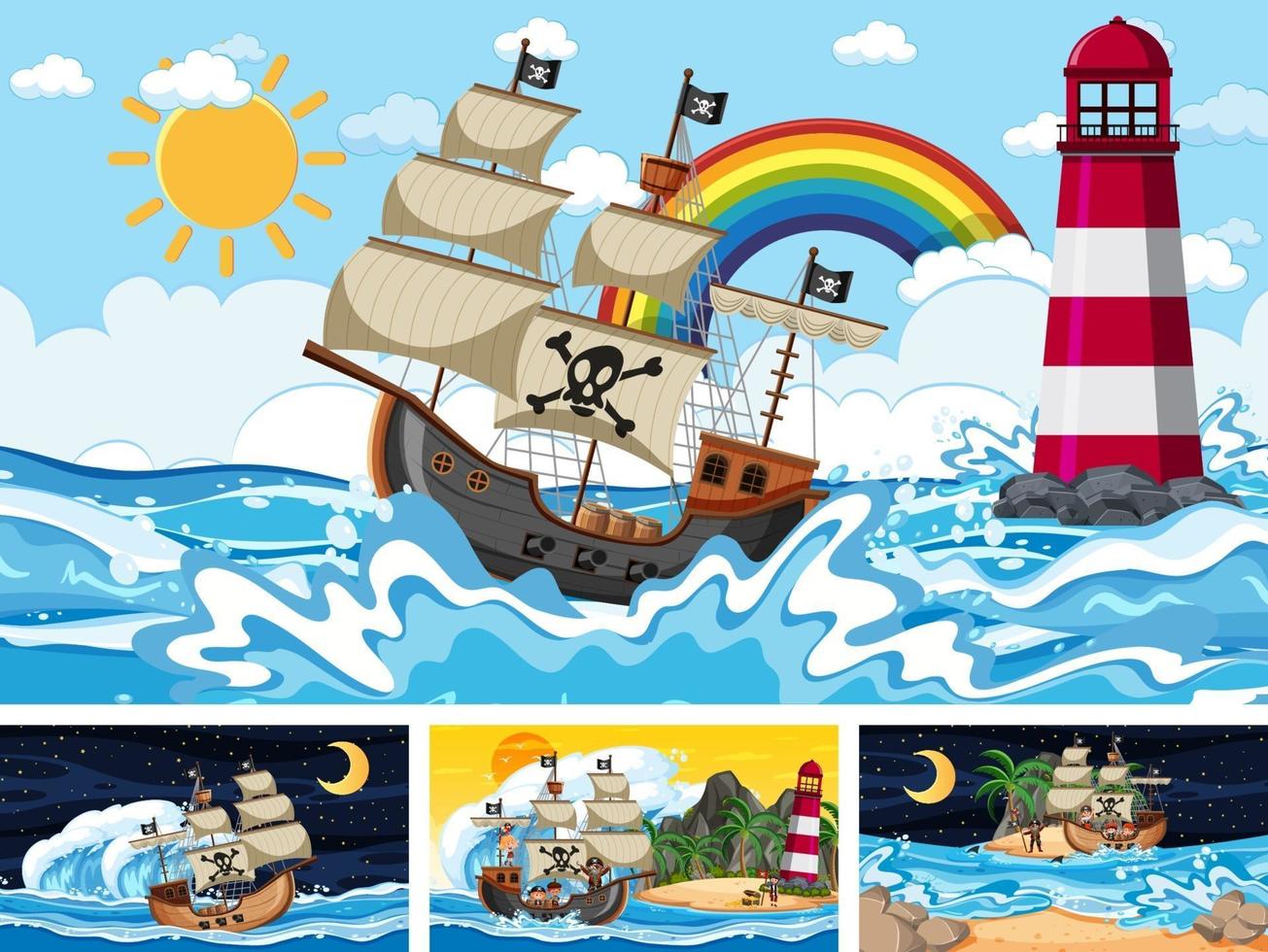 Conjunto de diferentes escenas de playa con barco pirata y pirata. vector