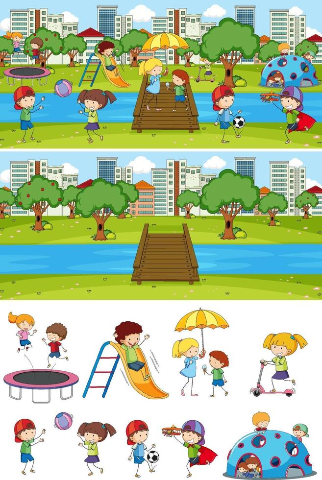 Different horizontal scenes background with doodle kids cartoon vector