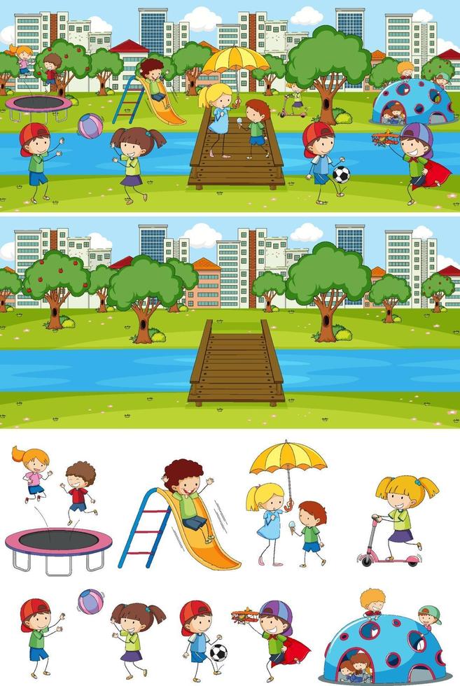 Fondo de diferentes escenas horizontales con dibujos animados de niños doodle vector