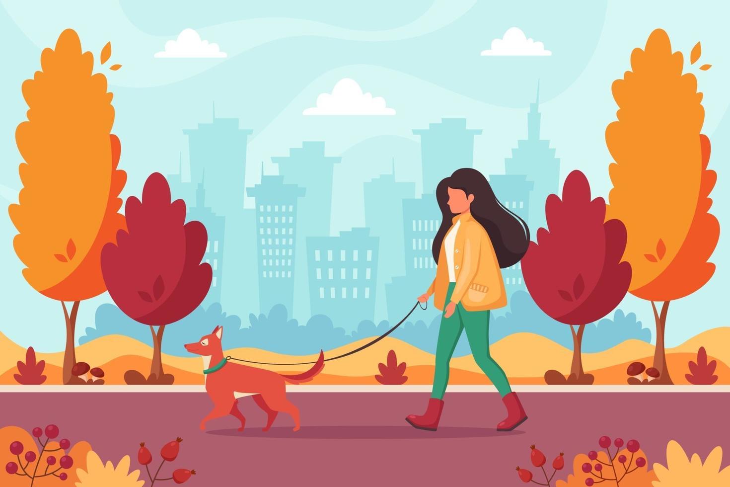 Woman walking with dog in autumn park. Outdoor activity vector