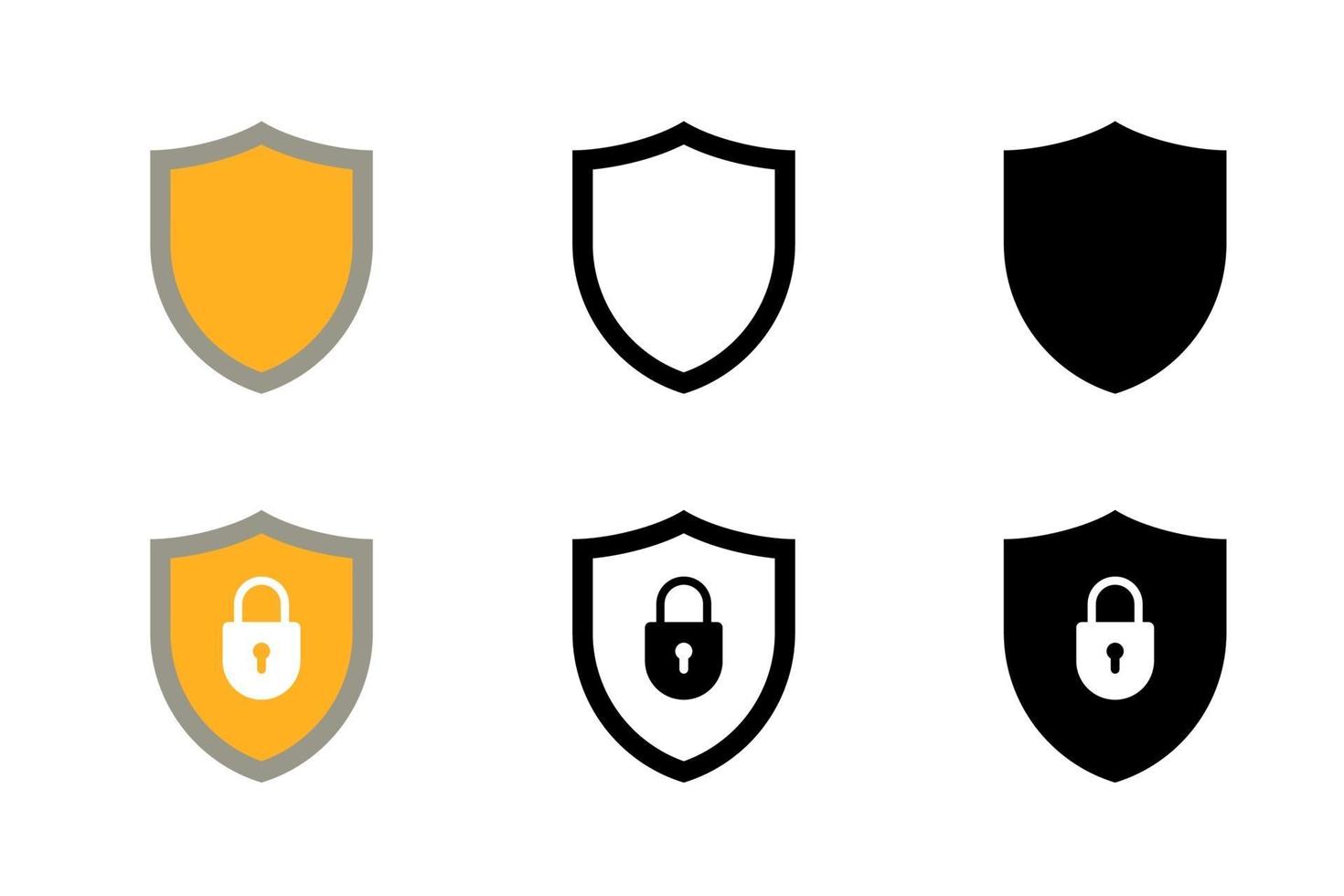 Shield with lock icon set. Yellow and black symbol flat vector