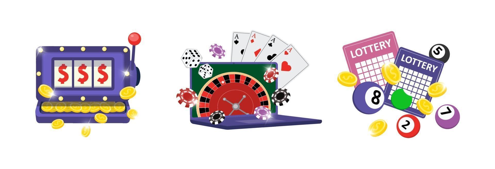 Online gambling addiction icon set. Risky entertainment casino vector