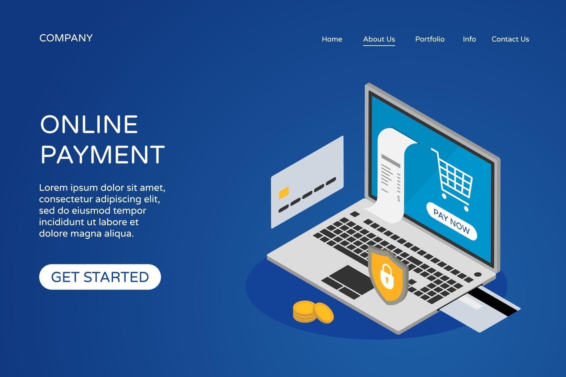 Online Payment Landing Page Website Design Template On Blue Background 