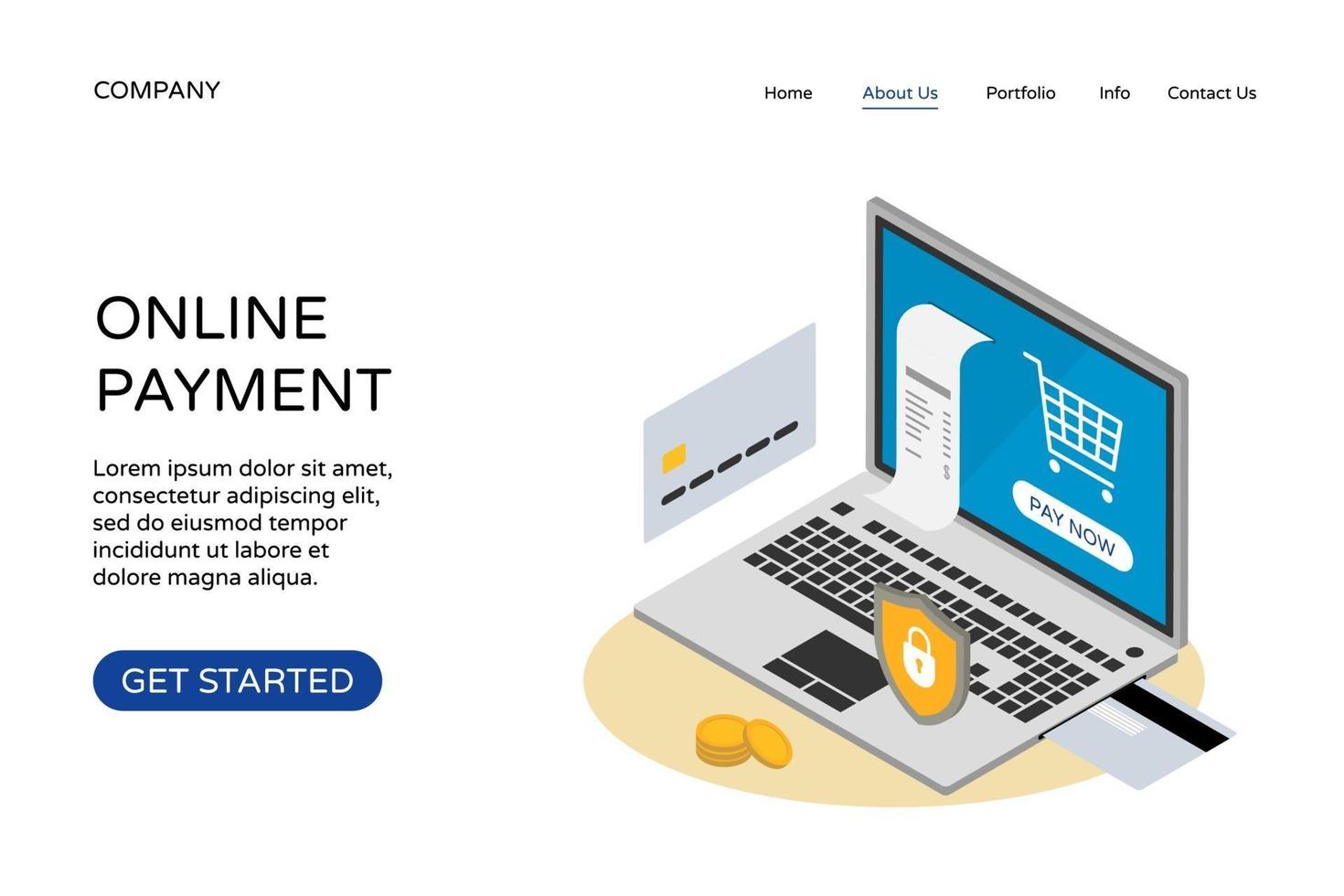 Online payment landing page website design template. Isometric laptop vector