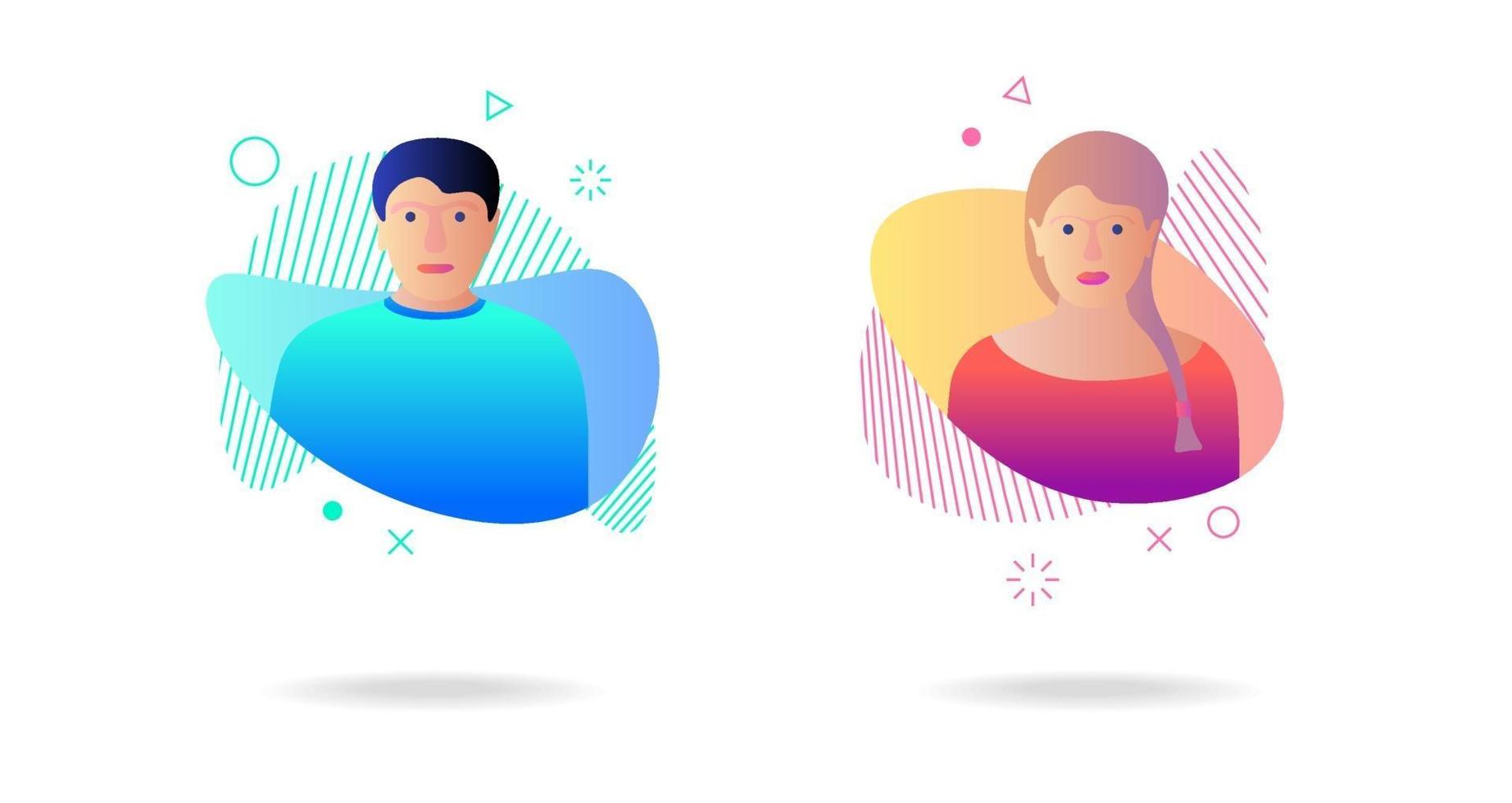 Man woman avatar set on dynamic modern liquid element graphic gradient vector