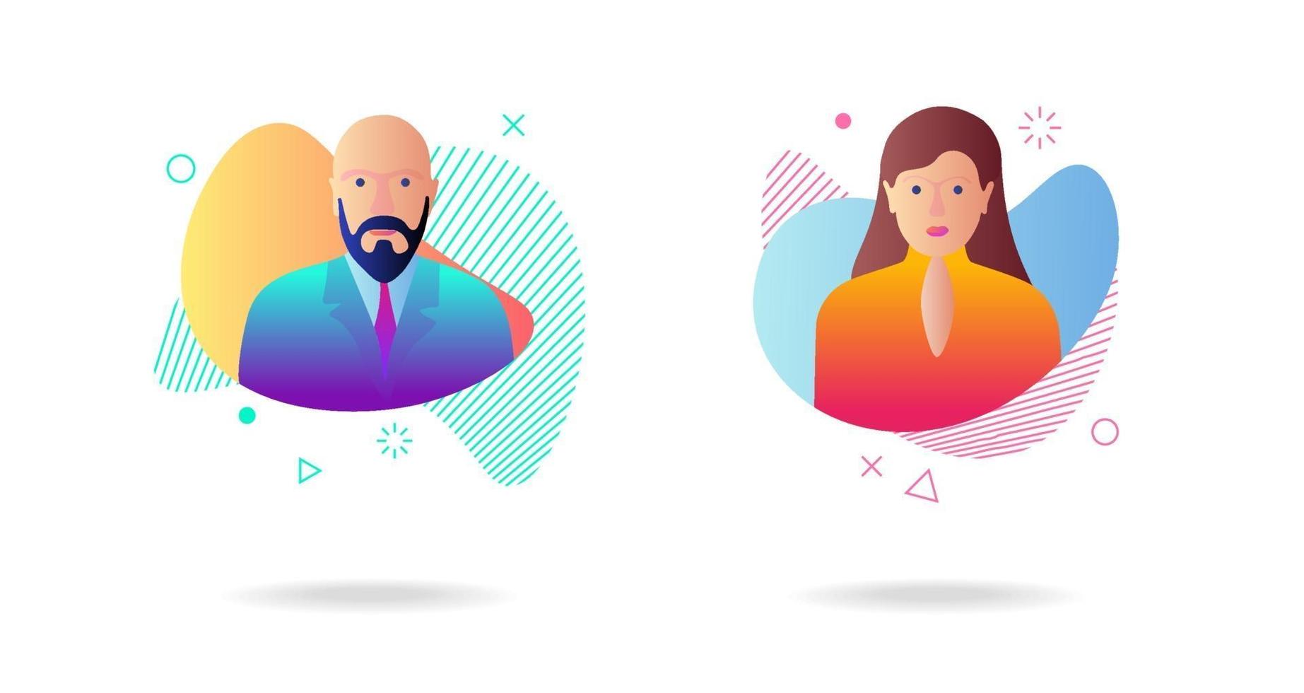 Man woman avatar set on dynamic modern liquid element graphic gradient vector