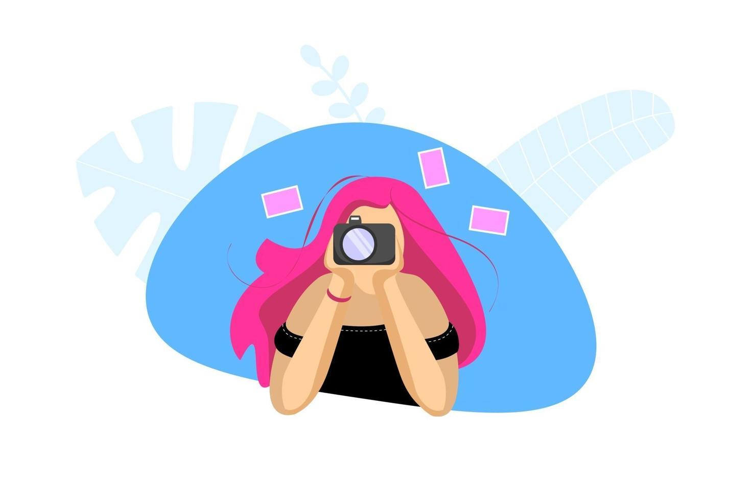 Beautiful young teenage girl photographer with pink hair hold camera vector
