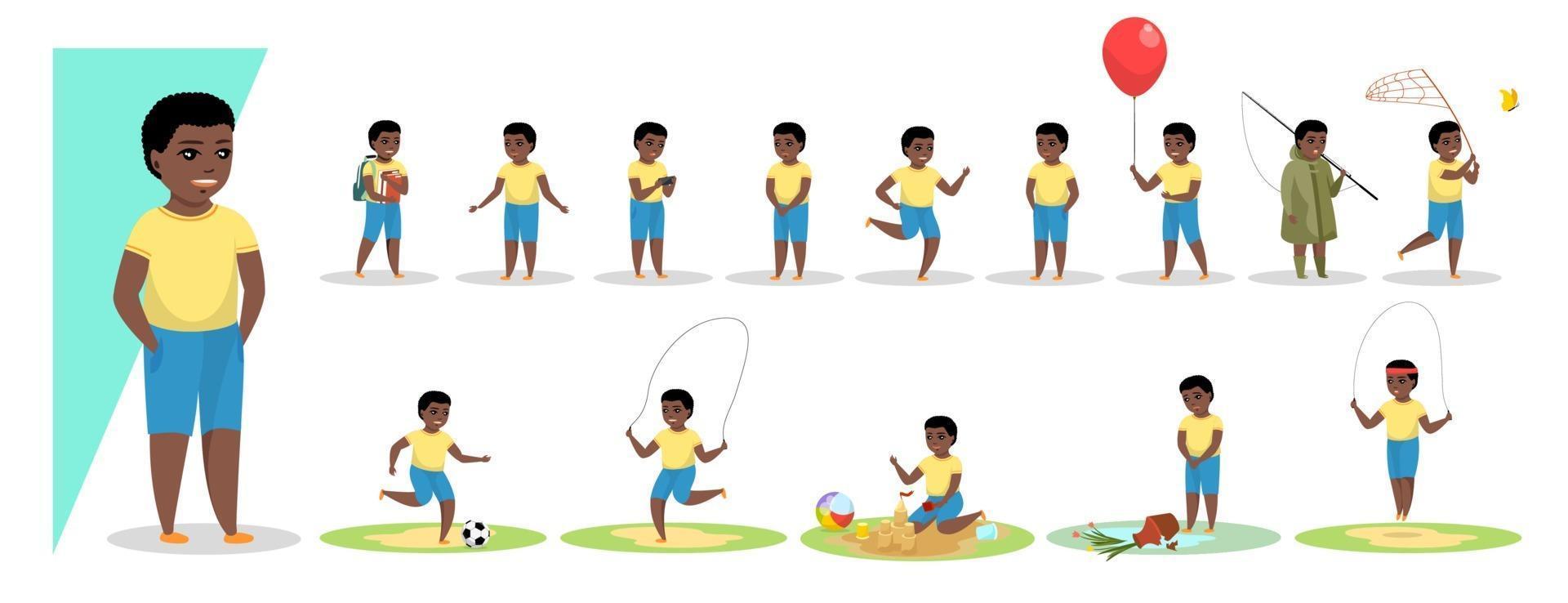 Little african american boy in various gesture expression poses vector