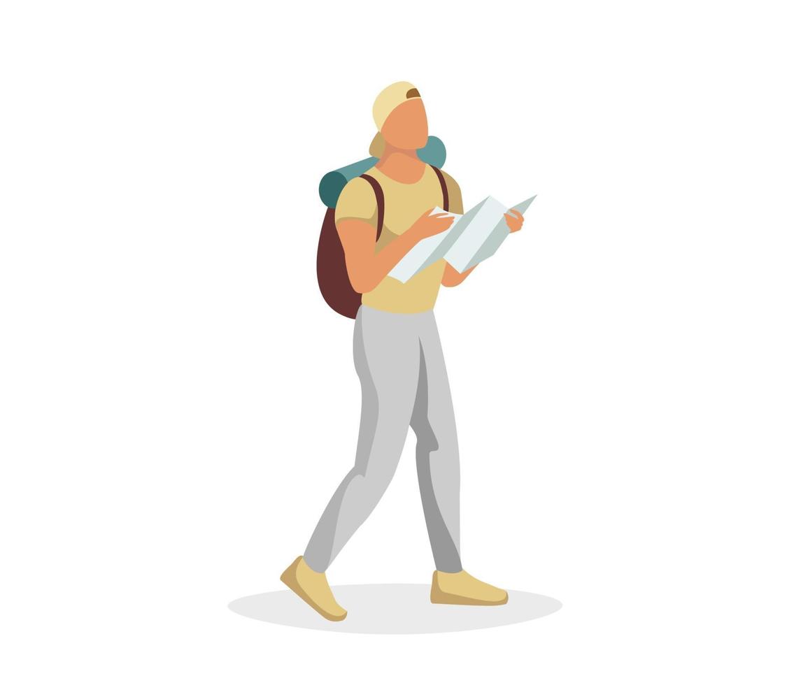 Tourist male character walking and holding map. Traveler man vector