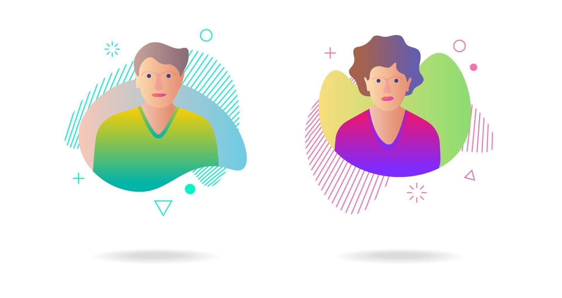 Man woman avatar set on dynamic modern liquid element graphic gradient vector