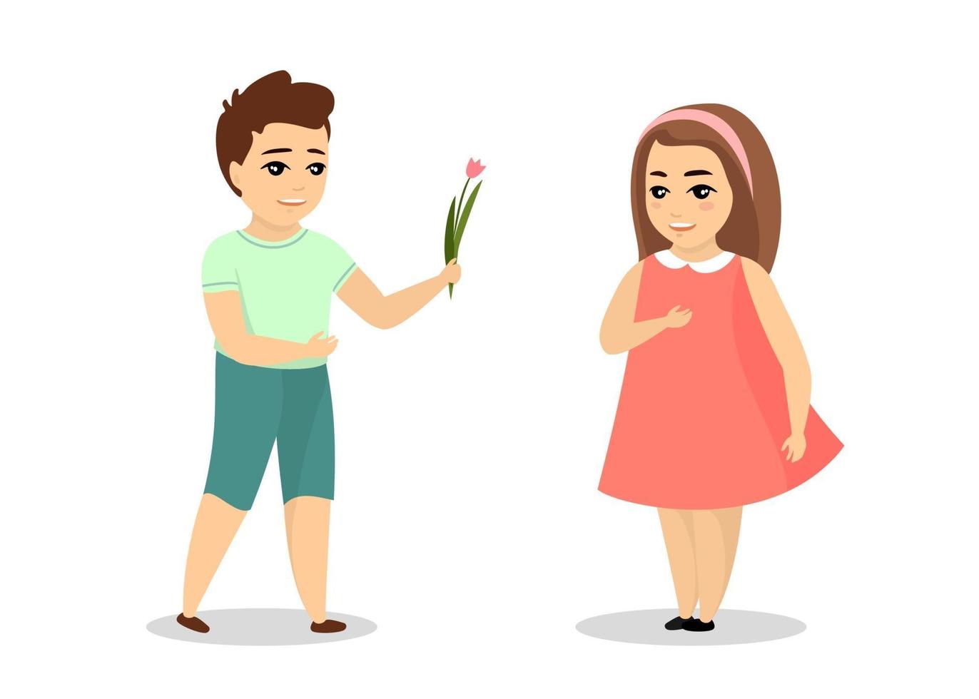 chico romántico da tulipán a niña sonriente. pequeño amor masculino vector