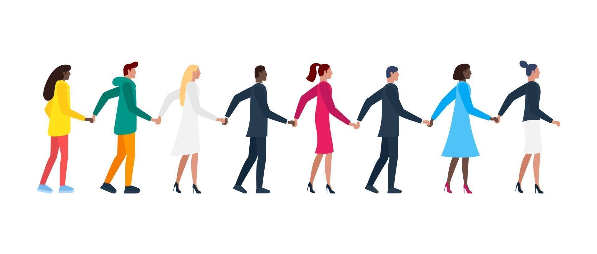 Queue of different men and women holding hands. White and color people vector