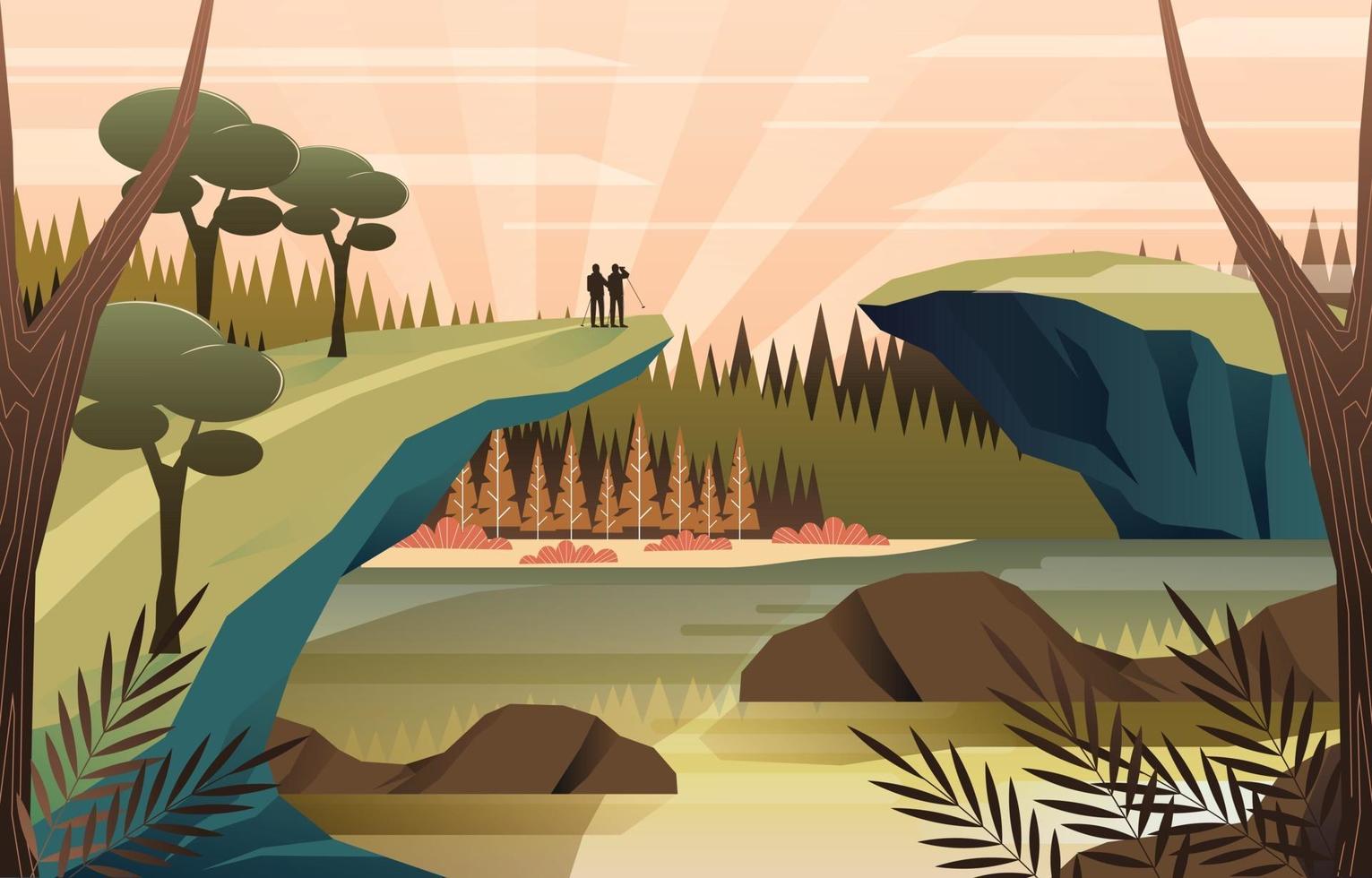 Two Hiking People in the Autumn Forest vector