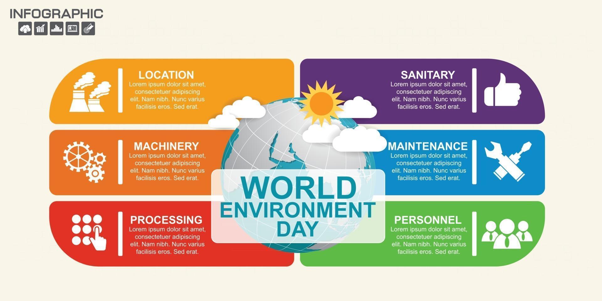 Globo terráqueo con concepto de día mundial del medio ambiente de infografía. vector