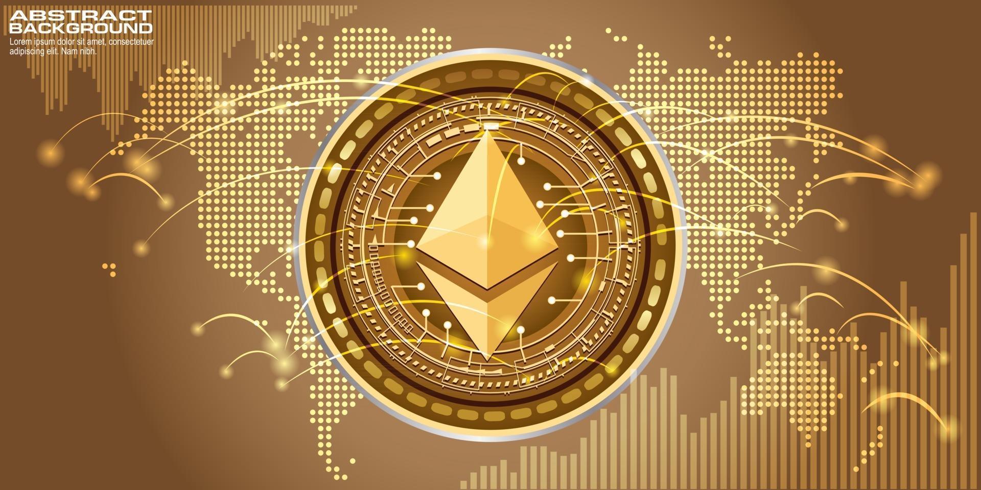 Golden symbol coin ethereum on electronic circuit background. vector