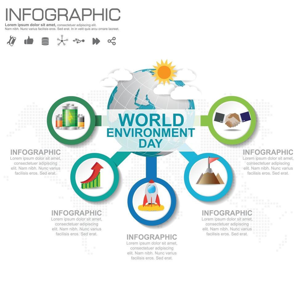 Globo terráqueo con concepto de día mundial del medio ambiente de infografía. vector