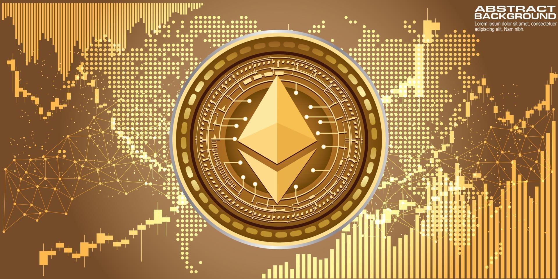 Golden symbol coin ethereum on electronic circuit background. vector