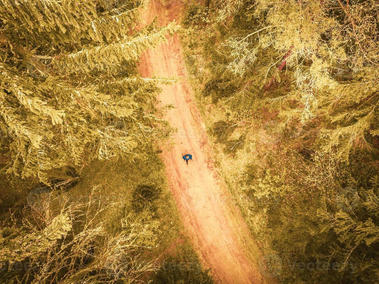Top down view woman on road walk with nordic sticks in forest surrounded with trees. Texture and nature well-being concept background photo