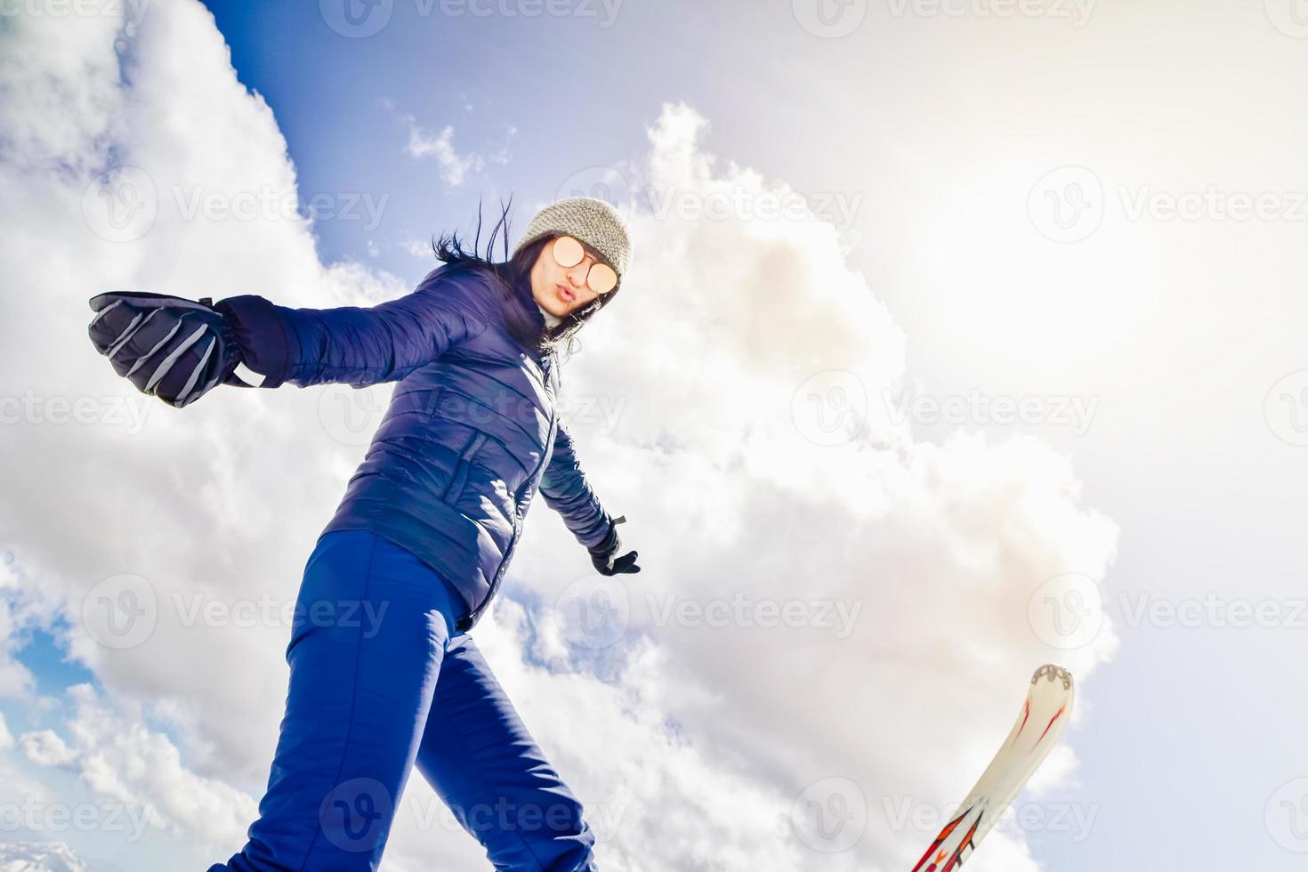 Happy excited caucasian young woman pose for social media photo