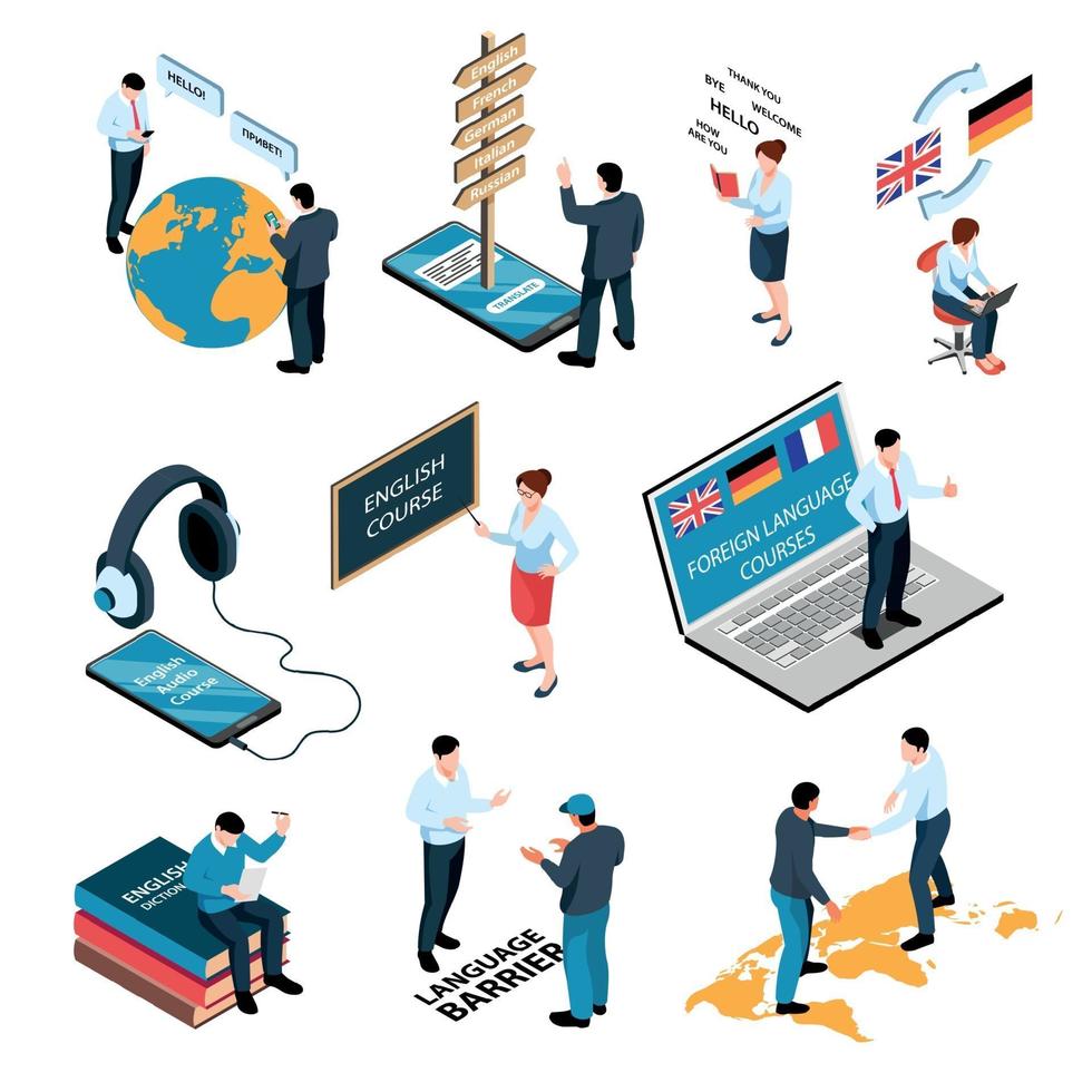 Isometric Language School Isometric Set Vector Illustration