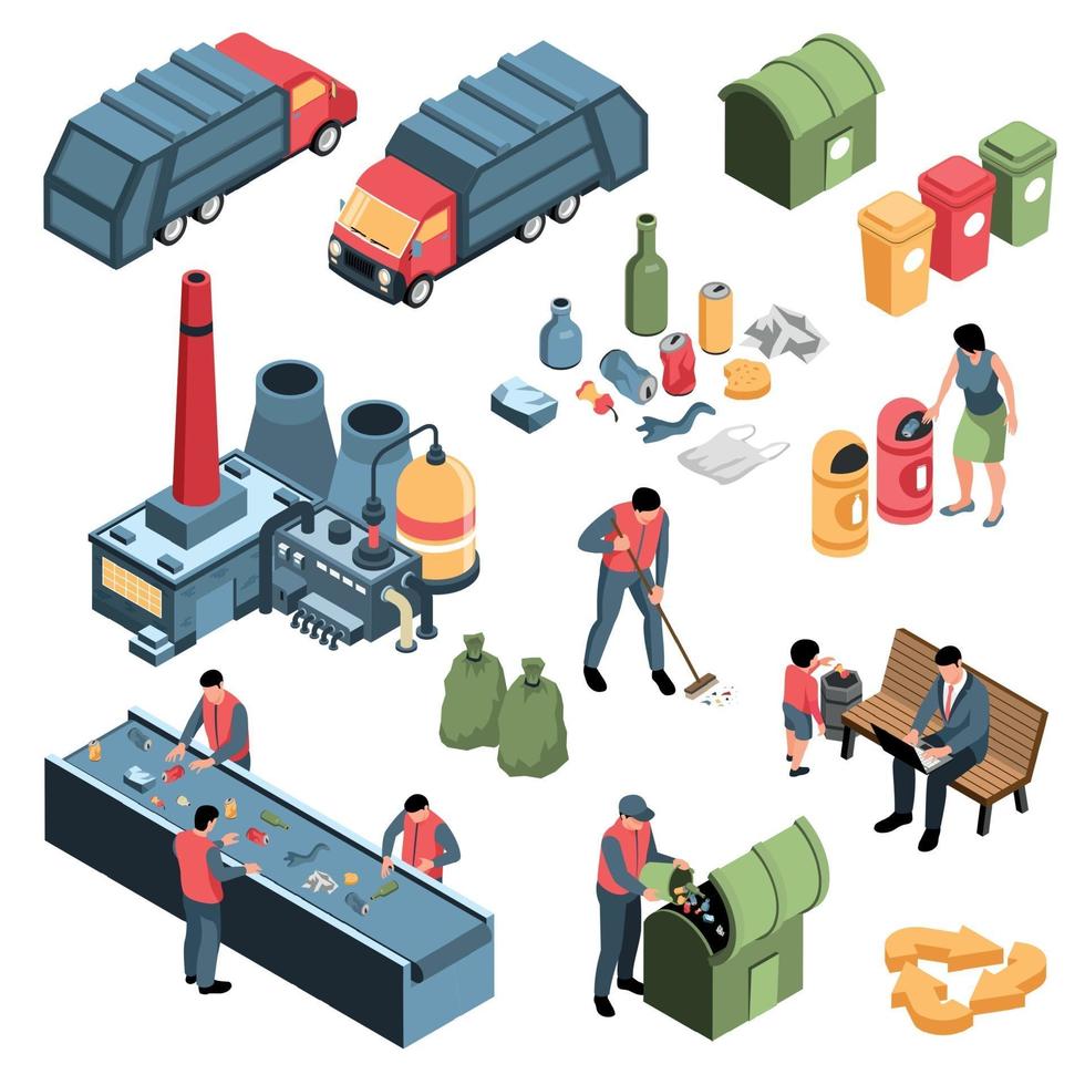 Isometric Garbage Recycling Set Vector Illustration