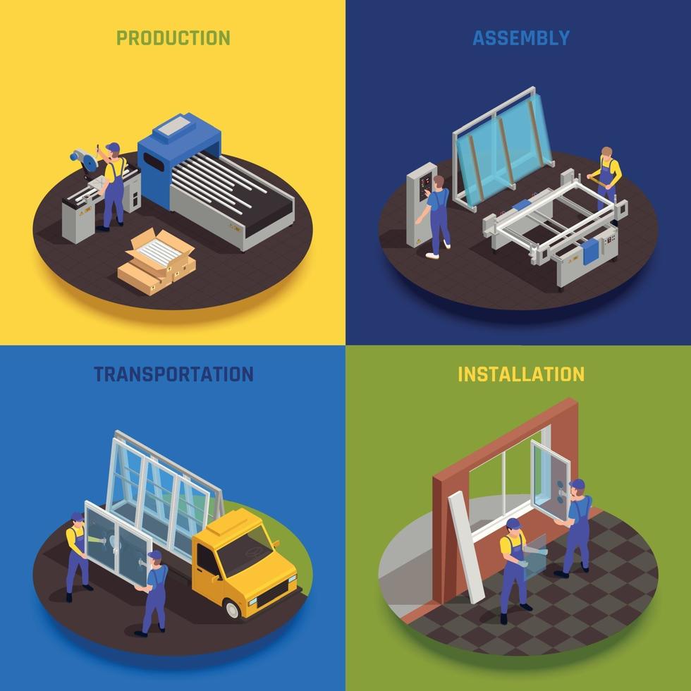 Window Production Isometric Concept Vector Illustration