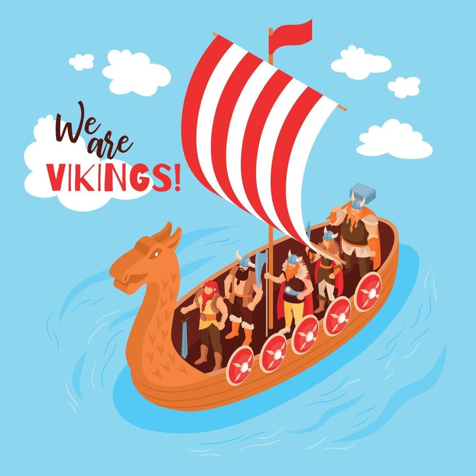 Isometric Vikings Sail Composition Vector Illustration