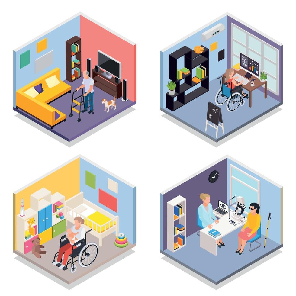 Disabled People Isometric 2x2 Set Vector Illustration