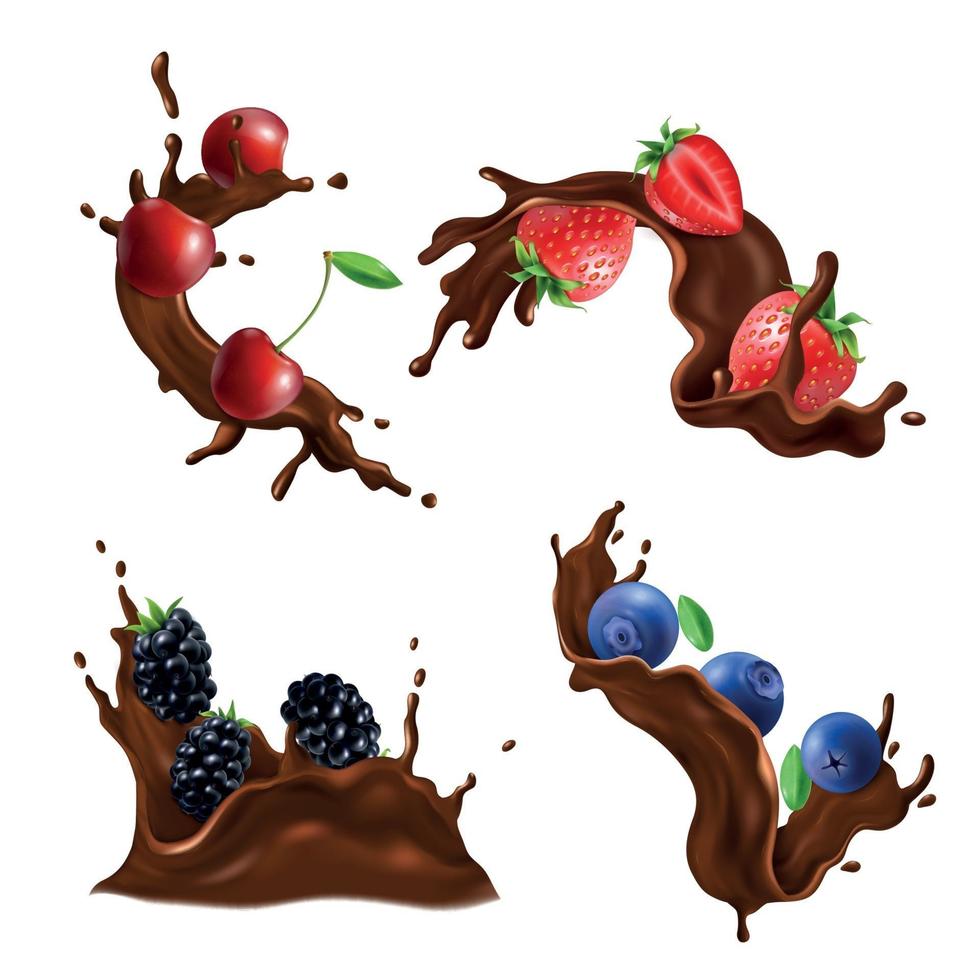 Chocolate Splash And Berries Set Vector Illustration