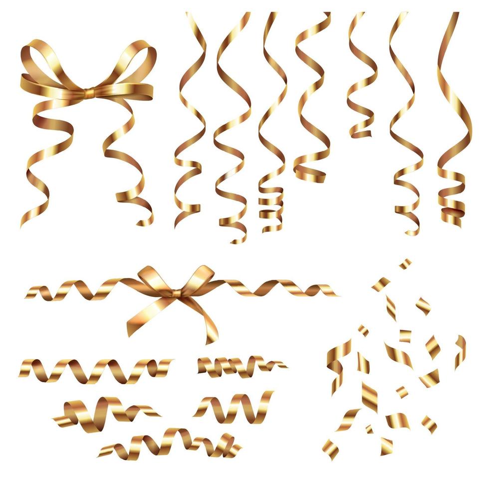 Golden Curly Ribbons Set Vector Illustration