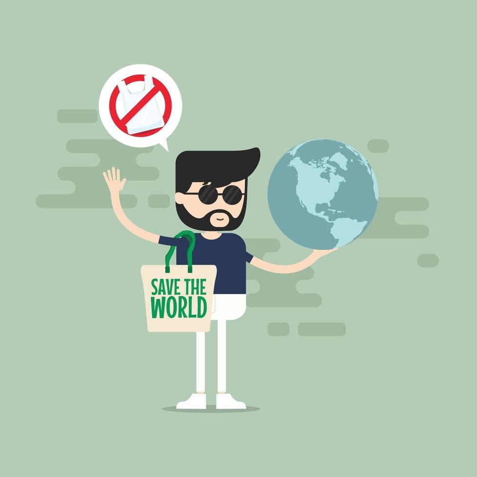 Say no to plastic bags. Hipster man holding a globe. vector