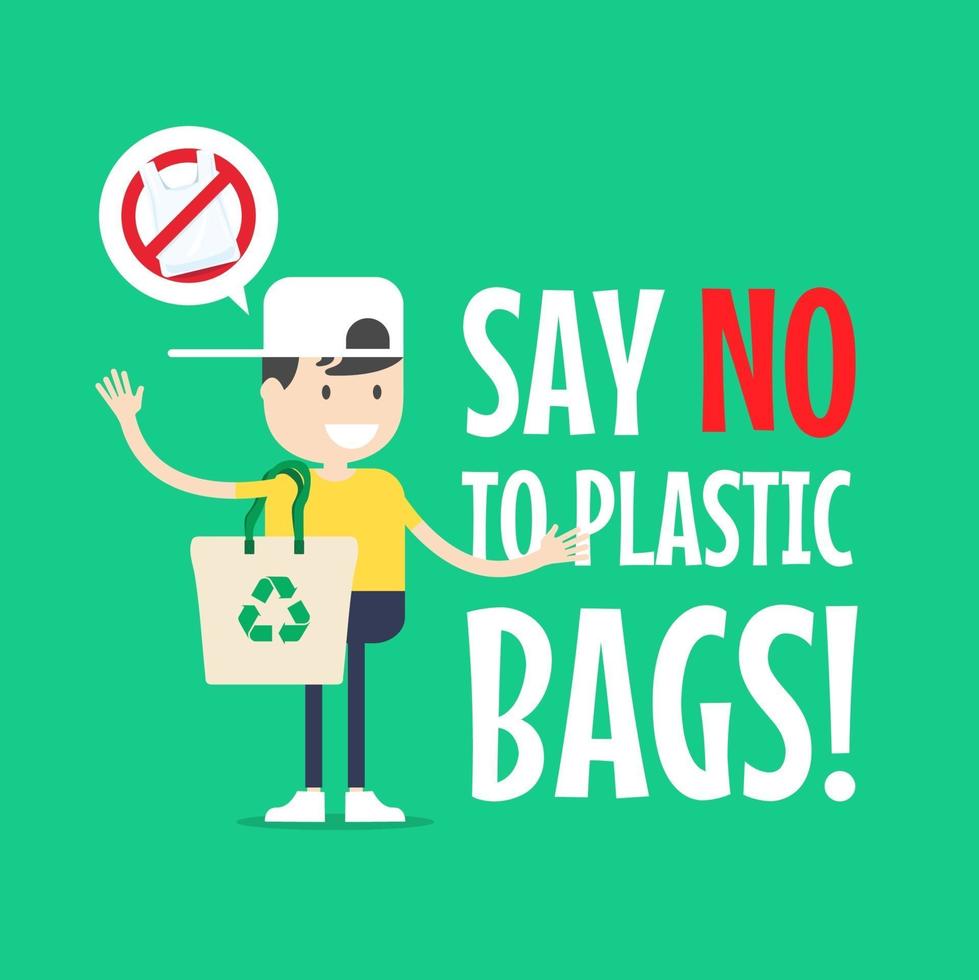 The boy with Tote bag. Say no to plastic bags. vector