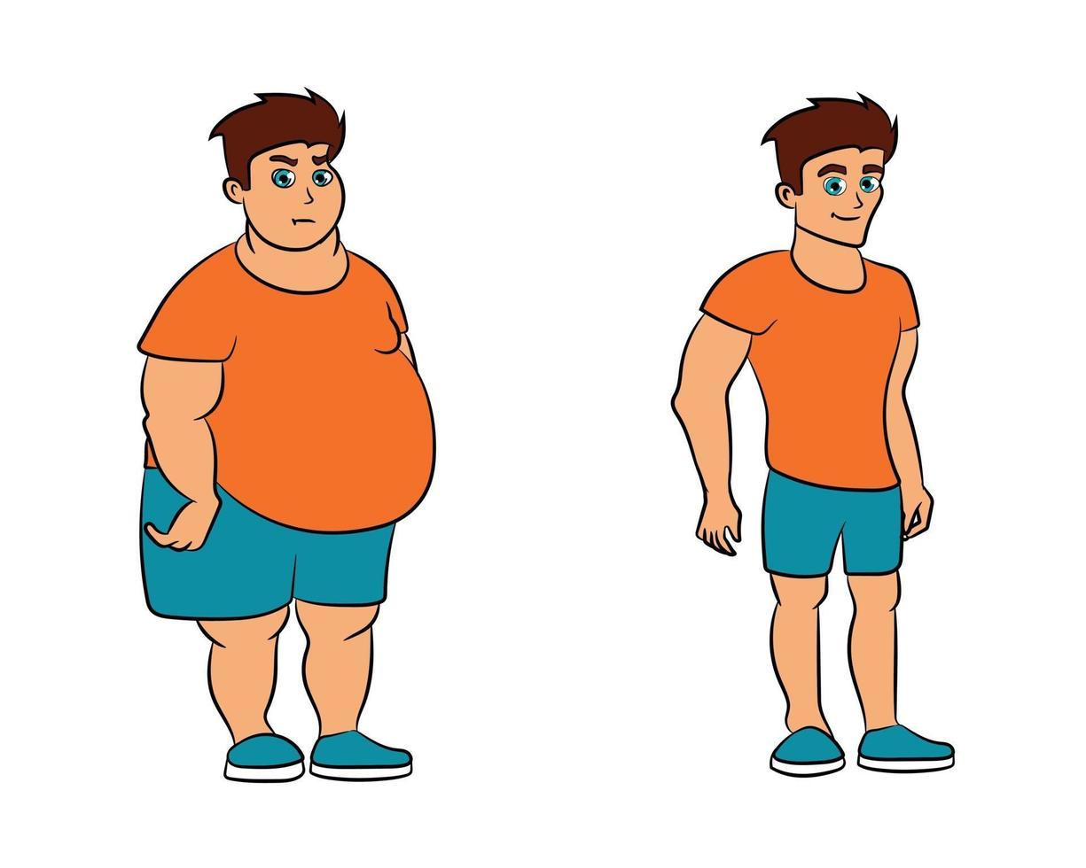 ajuste de dibujos animados hombres de pérdida de peso antes y después de la dieta vector