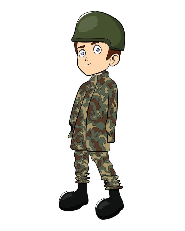 personaje de dibujos animados de niño militar del ejército con casco vector