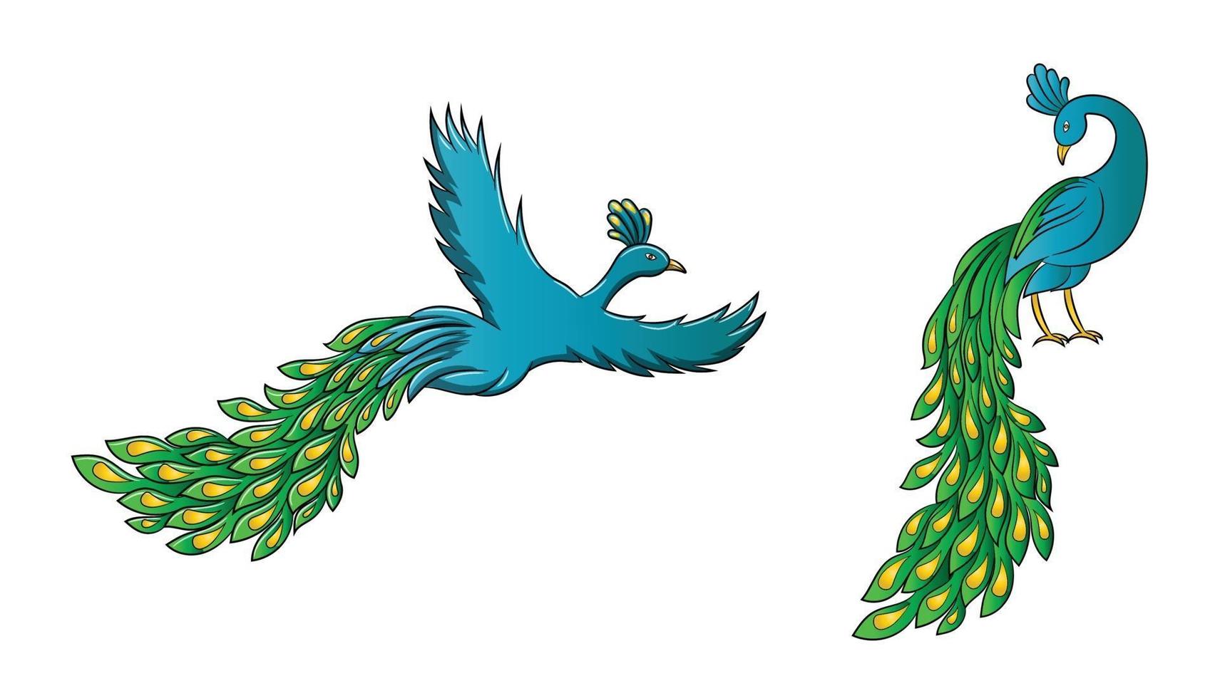 colorido pavo real macho volando sentado personaje de dibujos animados vector