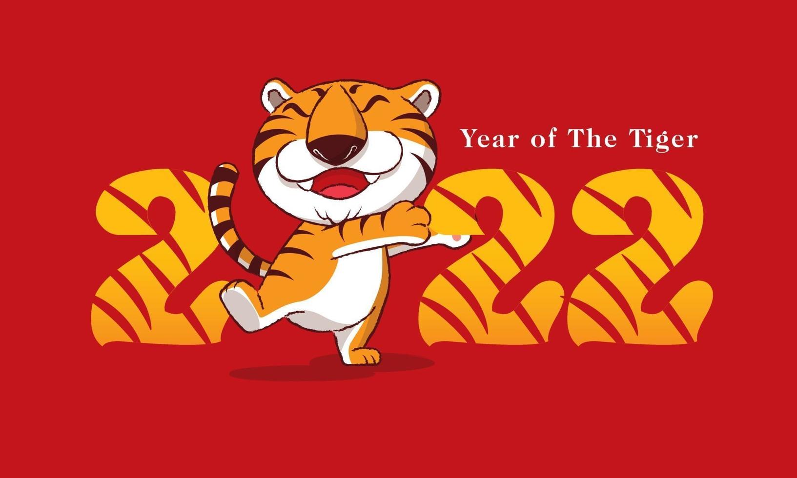 feliz año nuevo 2022. tigre lindo de dibujos animados con sonrisa abrazando número vector