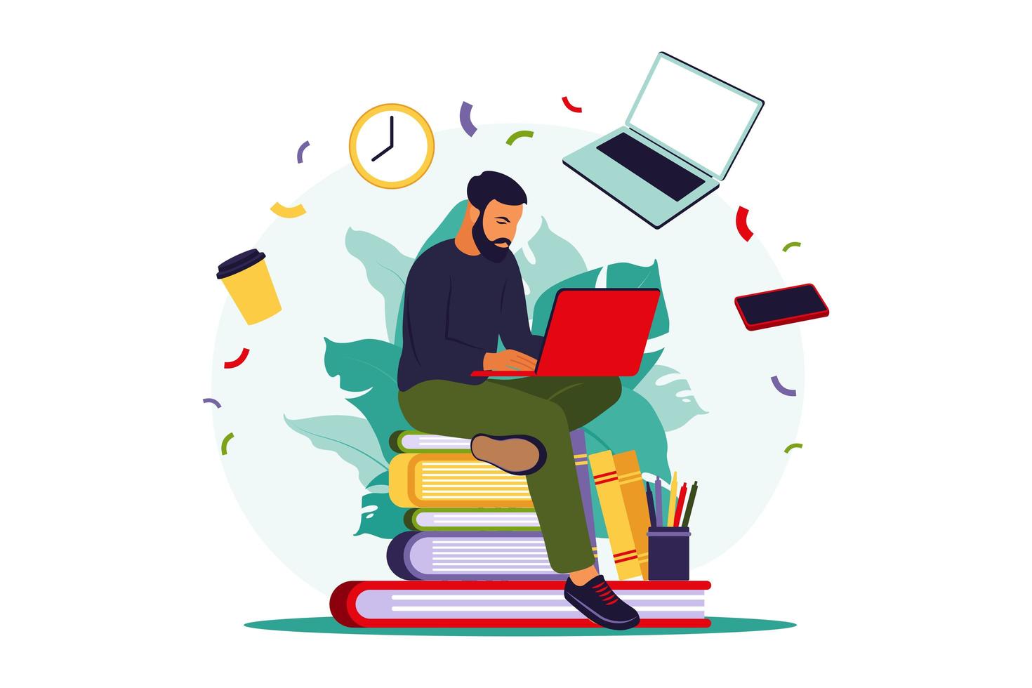 Student man with laptop. Online education concept. vector