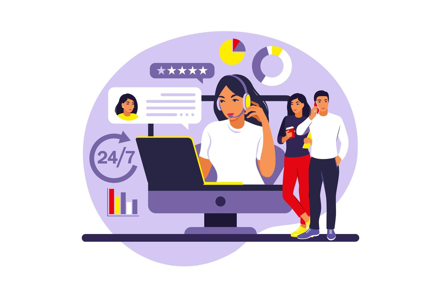 Customer service concept. Woman with laptop. Assistance, call center. vector