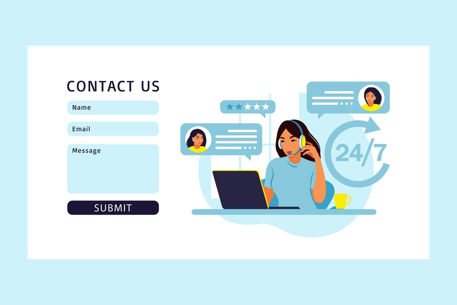 Concept support, assistance, call center. Contact us landing page. vector