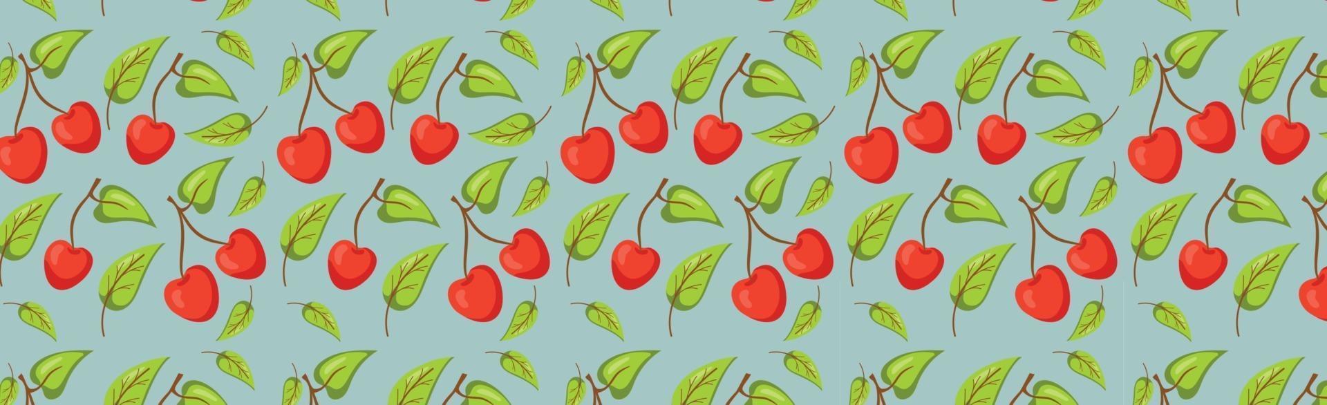 Seamless pattern, realistic red cherry with green leaves - Vector