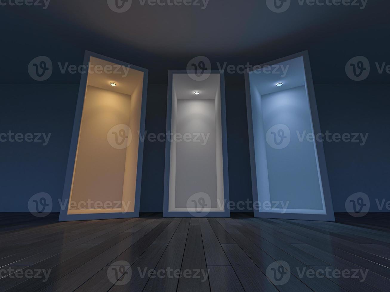 3D rendering image of 3 boxes which different light effect. photo