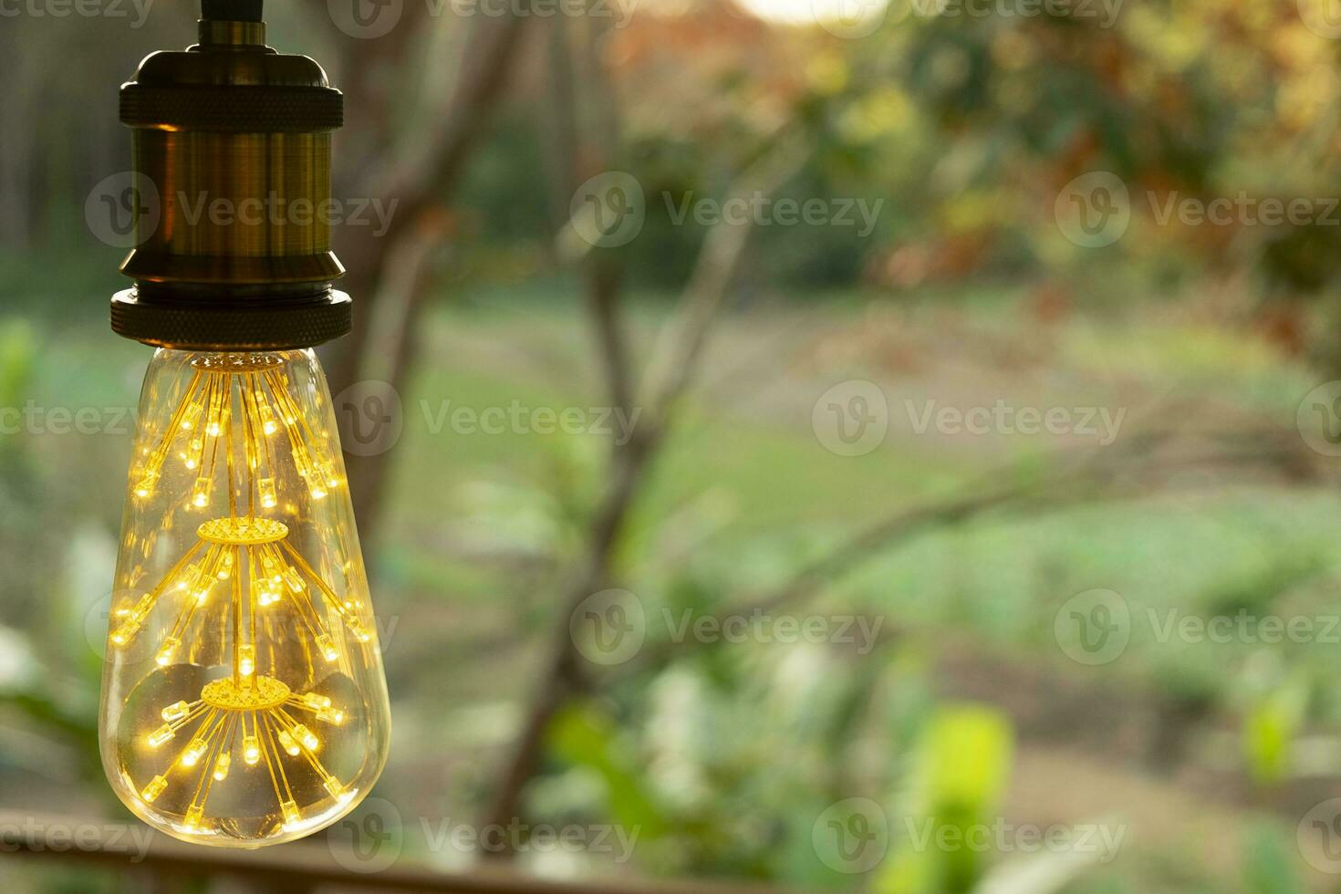 Lámpara eléctrica led incandescente retro clásica sobre fondo borroso foto
