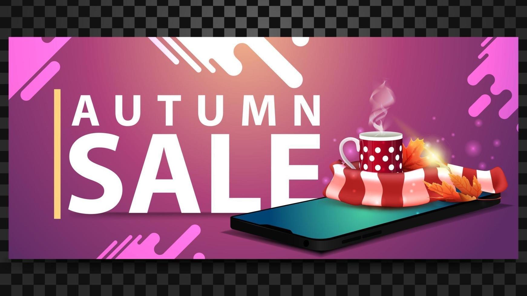 Autumn sale, discount horizontal banner with a smartphone, vector