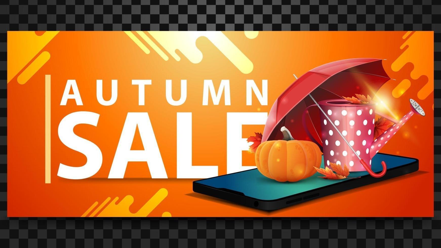 Autumn sale, discount banner with a smartphone, garden watering can vector