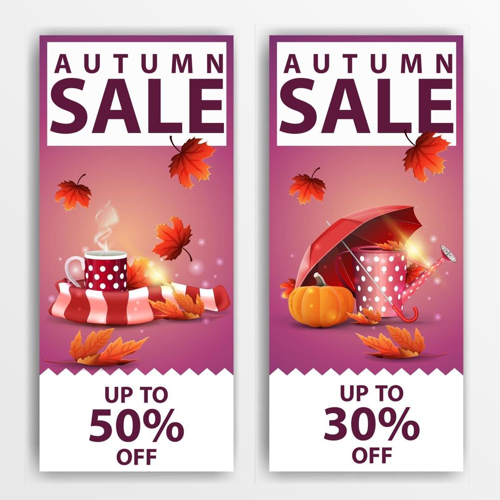 Autumn sale, banners with mug of hot tea, warm scarf vector