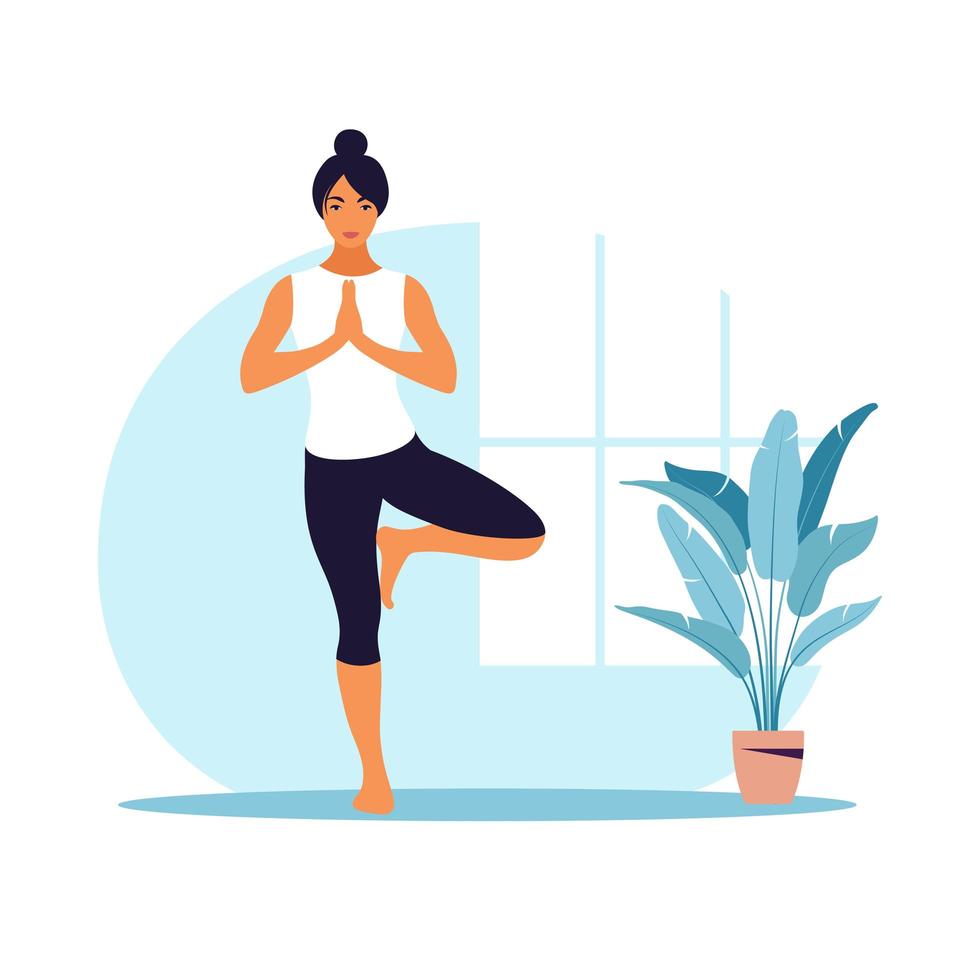 Young woman practices yoga. Physical and spiritual practice. vector