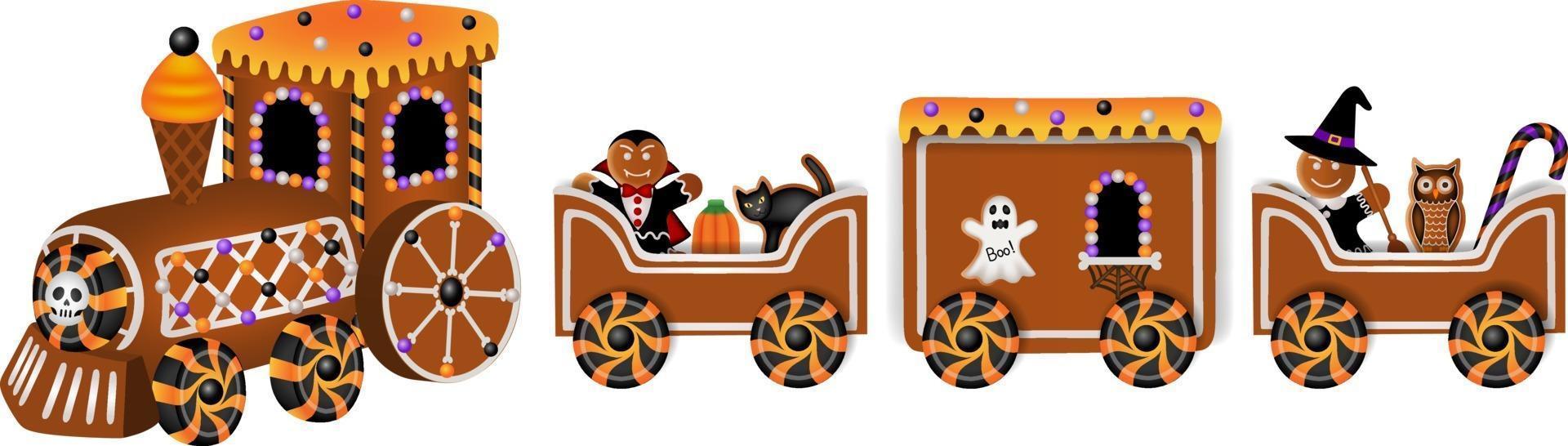 halloween gingerbread train with candies and cookies vector